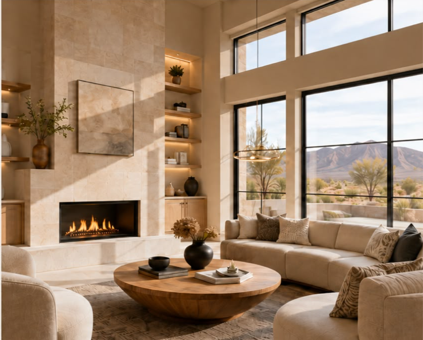 Warm modern living room overlooking the Las Vegas desert